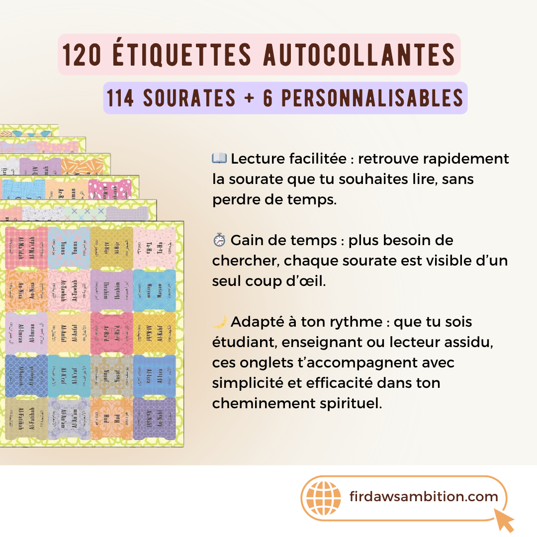 120 Étiquettes autocollantes Coran bilingues – Arabe & traduction - Firdaws Ambition