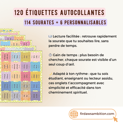 120 Étiquettes autocollantes Coran bilingues – Arabe & traduction - Firdaws Ambition