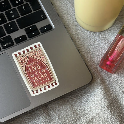 Sticker citation | Worries End When Salah Begins | Sticker islamique pour carnet, laptop & planner - Firdaws Ambition